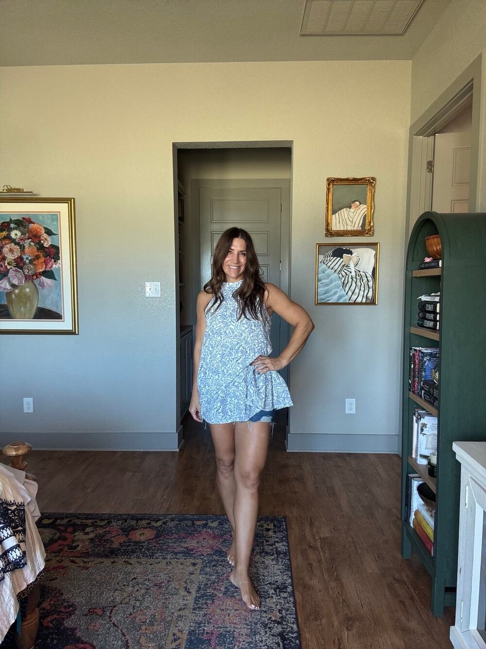 LUSH White Navy Toile Floral Halter Tunic Top Ruffle Hem- Med